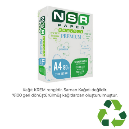 A4 Fotokopi Kağıdı  Nsr Paper Recycle Premium 80gsm 500 Sayfa (5 Paket / 1 Koli)